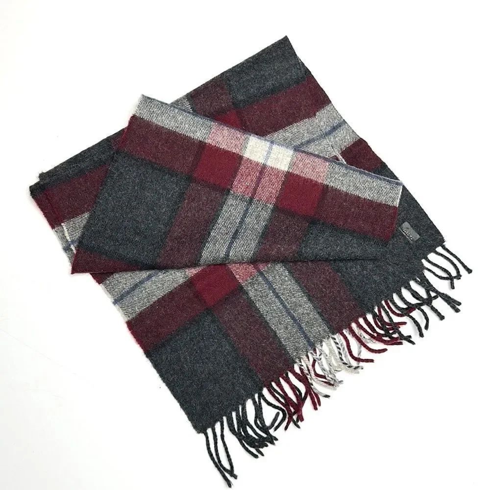 Vintage Merino Wool Gray Burgundy Plaid Scarf made in West Germany
